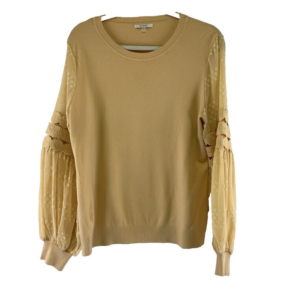 SIONI Yellow Sweater Chiffon Crochet Puff Long Sleeves Crew Neck Womens Large